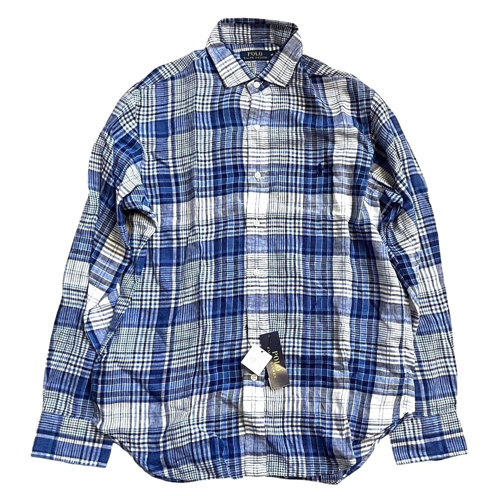 Polo Ralph Lauren 100% Linen Plaid Button Shirt Men M Blue Long Sleeve Preppy